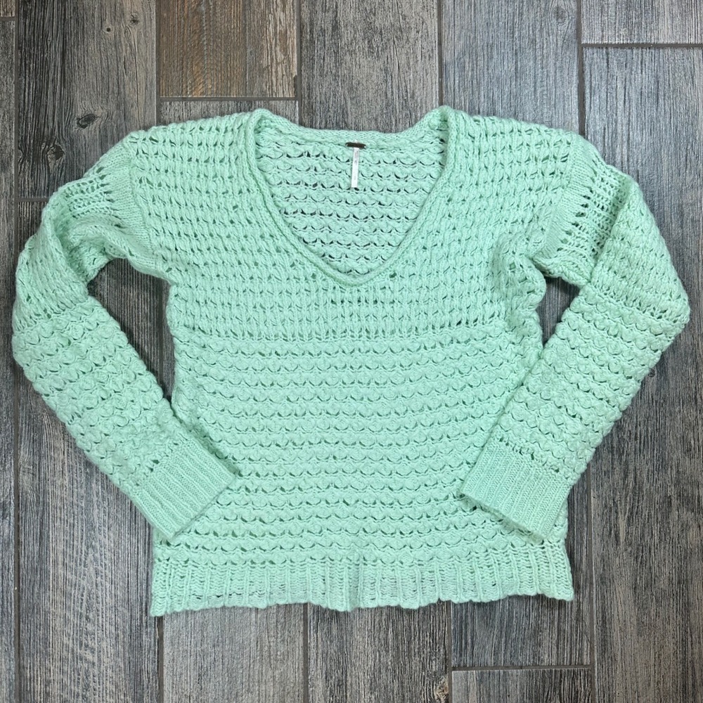 Free People V Neck‎ Sweater Open Knit Crochet Green Long Sleeve Women's Small